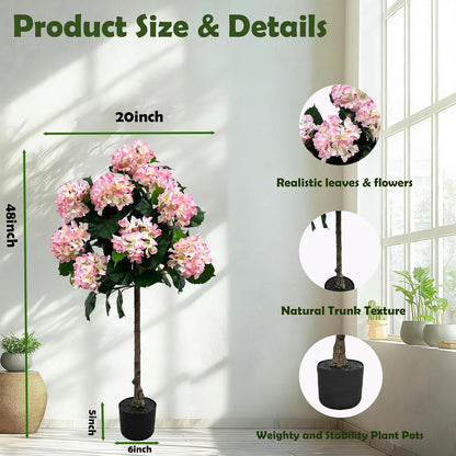 Potted Artificial Hydrangea Tree Outdoor Indoor,3.7FT Tall Hydrangea Faux Flowers Tree Hydrangeas Bushes Topiary Plant Realistic in Pot with Natural Wood Trunk for Garden Room Porch Front Door