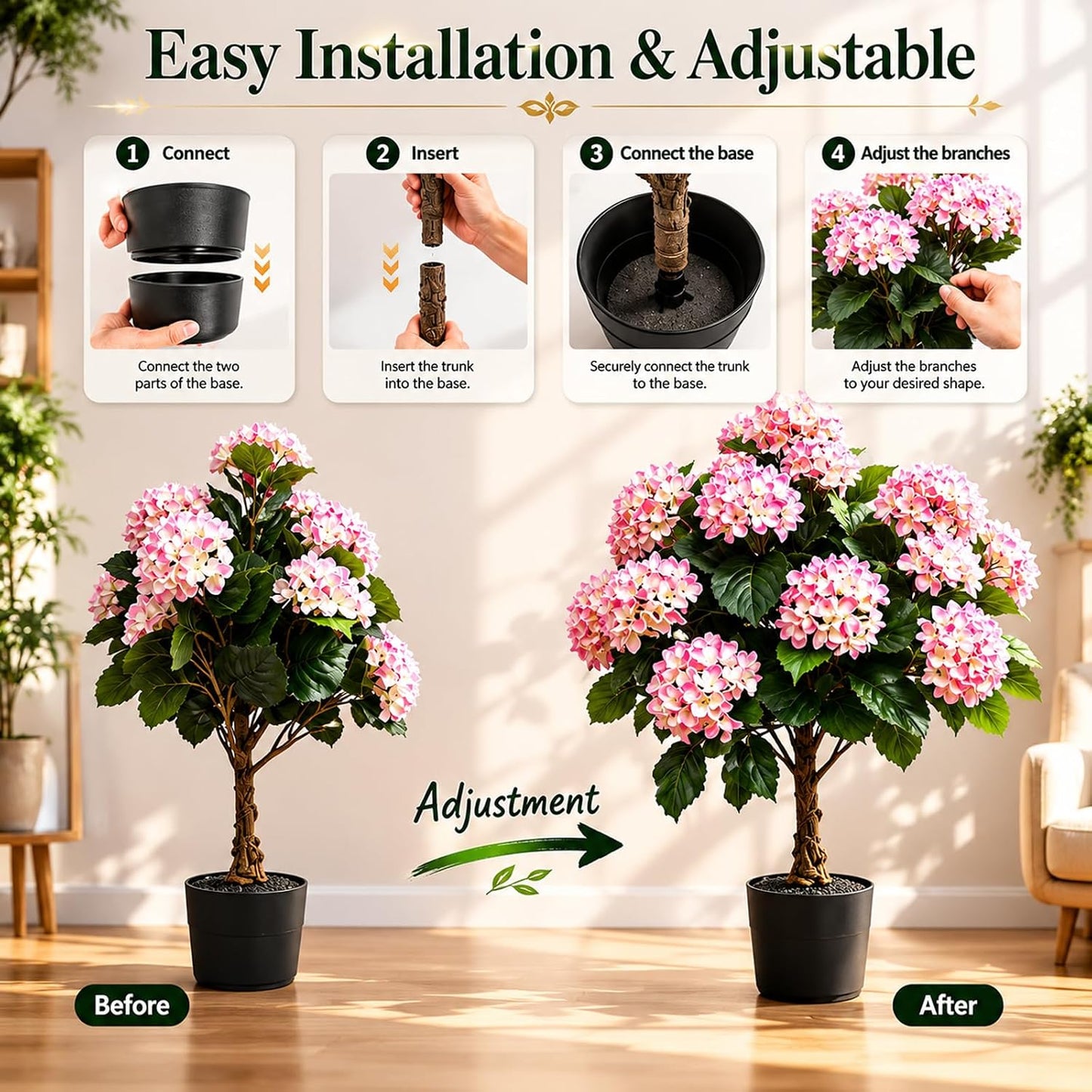 Potted Artificial Hydrangea Tree Outdoor Indoor,3.7FT Tall Hydrangea Faux Flowers Tree Hydrangeas Bushes Topiary Plant Realistic in Pot with Natural Wood Trunk for Garden Room Porch Front Door