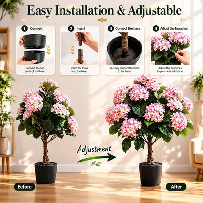 Potted Artificial Hydrangea Tree Outdoor Indoor,3.7FT Tall Hydrangea Faux Flowers Tree Hydrangeas Bushes Topiary Plant Realistic in Pot with Natural Wood Trunk for Garden Room Porch Front Door