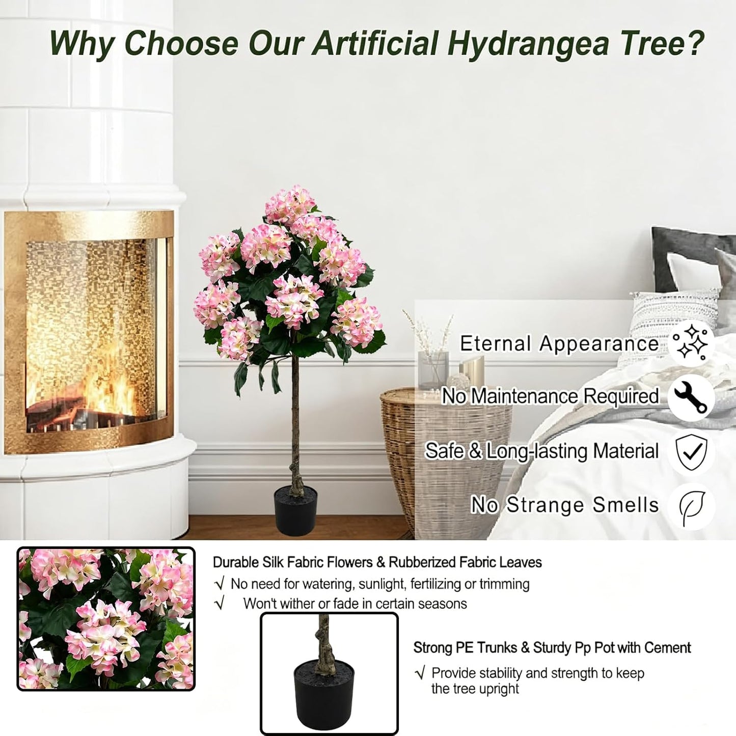 Potted Artificial Hydrangea Tree Outdoor Indoor,3.7FT Tall Hydrangea Faux Flowers Tree Hydrangeas Bushes Topiary Plant Realistic in Pot with Natural Wood Trunk for Garden Room Porch Front Door