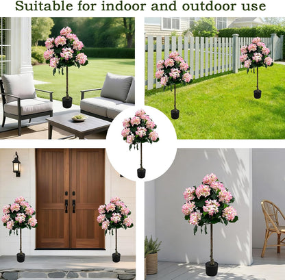 Potted Artificial Hydrangea Tree Outdoor Indoor,3.7FT Tall Hydrangea Faux Flowers Tree Hydrangeas Bushes Topiary Plant Realistic in Pot with Natural Wood Trunk for Garden Room Porch Front Door