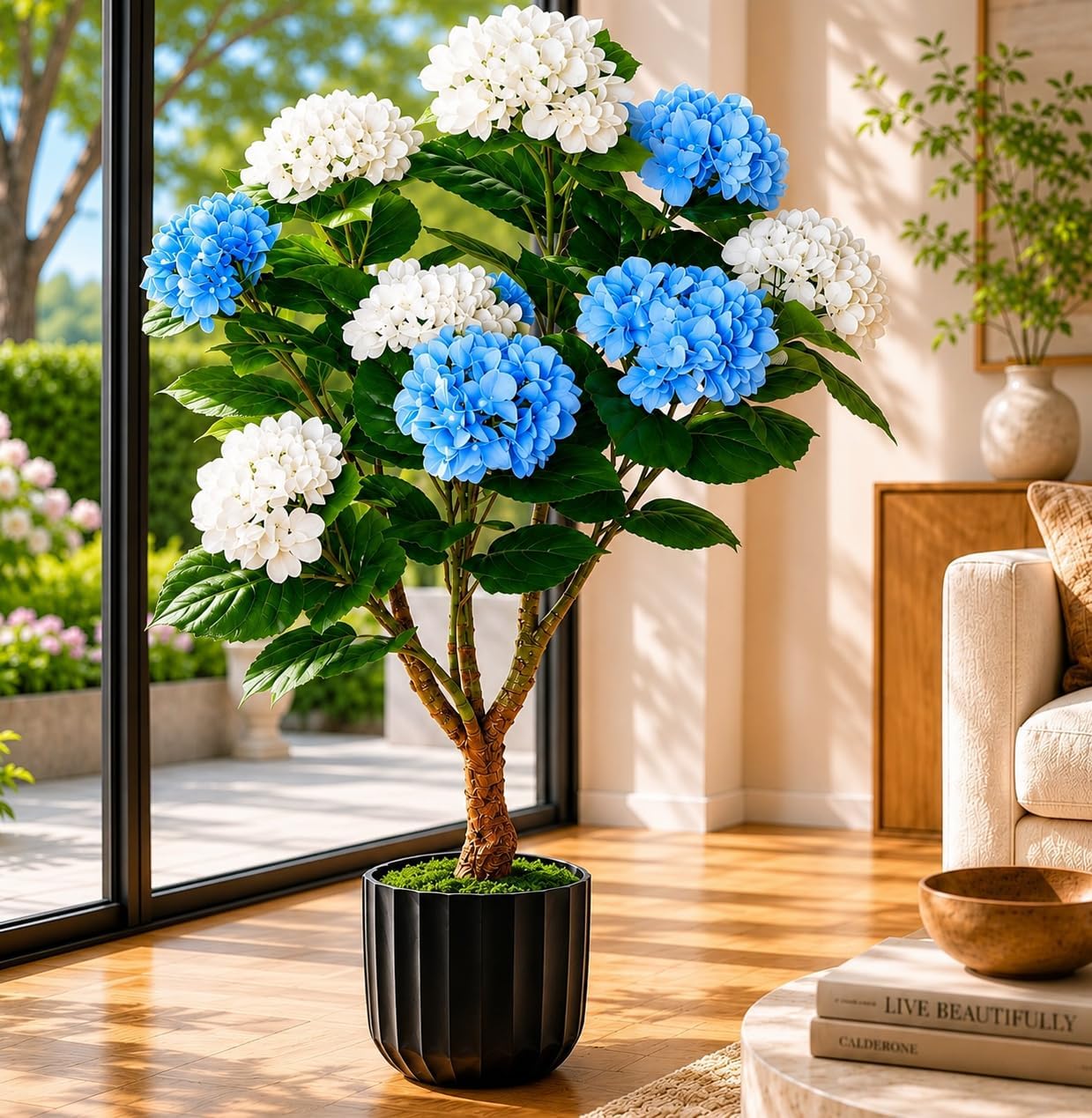 Potted Artificial Hydrangea Tree Outdoor Indoor,3.7FT Tall Hydrangea Faux Flowers Tree Hydrangeas Bushes Topiary Plant Realistic in Pot with Natural Wood Trunk for Garden Room Porch Front Door