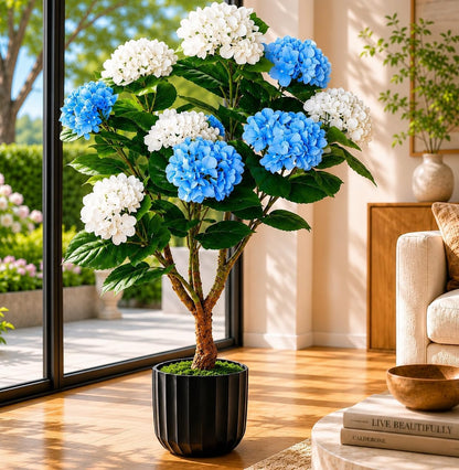 Potted Artificial Hydrangea Tree Outdoor Indoor,3.7FT Tall Hydrangea Faux Flowers Tree Hydrangeas Bushes Topiary Plant Realistic in Pot with Natural Wood Trunk for Garden Room Porch Front Door