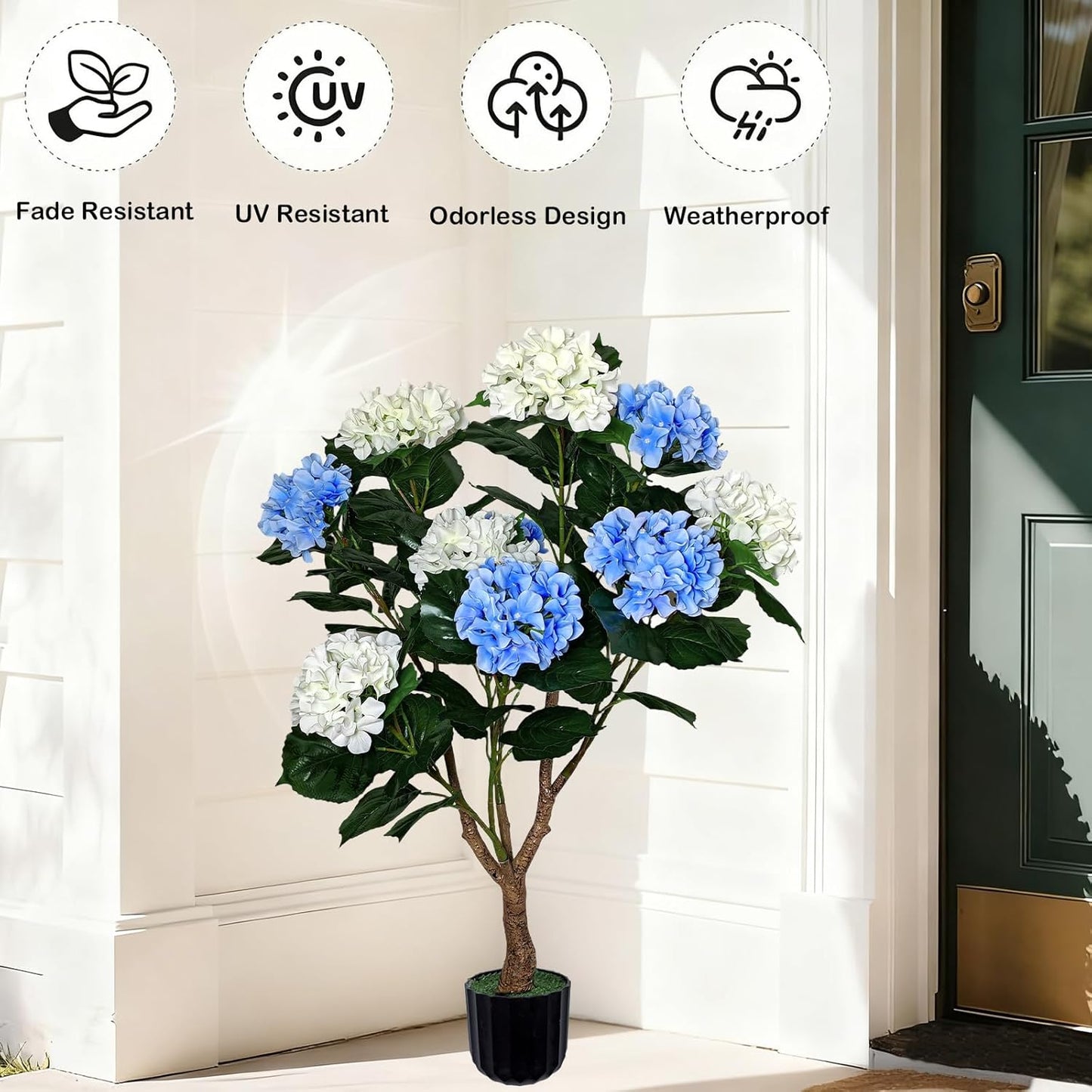 Potted Artificial Hydrangea Tree Outdoor Indoor,3.7FT Tall Hydrangea Faux Flowers Tree Hydrangeas Bushes Topiary Plant Realistic in Pot with Natural Wood Trunk for Garden Room Porch Front Door