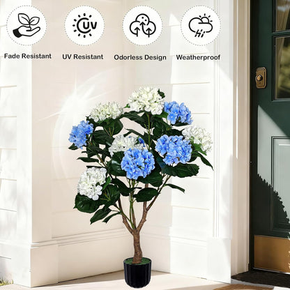 Potted Artificial Hydrangea Tree Outdoor Indoor,3.7FT Tall Hydrangea Faux Flowers Tree Hydrangeas Bushes Topiary Plant Realistic in Pot with Natural Wood Trunk for Garden Room Porch Front Door