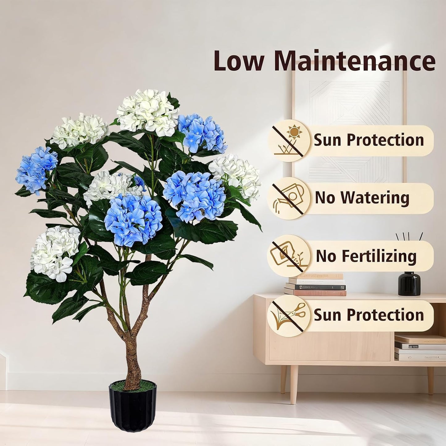 Potted Artificial Hydrangea Tree Outdoor Indoor,3.7FT Tall Hydrangea Faux Flowers Tree Hydrangeas Bushes Topiary Plant Realistic in Pot with Natural Wood Trunk for Garden Room Porch Front Door
