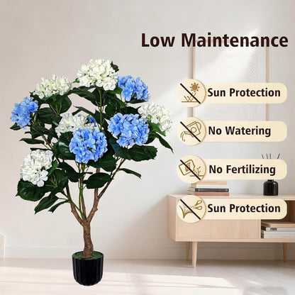 Potted Artificial Hydrangea Tree Outdoor Indoor,3.7FT Tall Hydrangea Faux Flowers Tree Hydrangeas Bushes Topiary Plant Realistic in Pot with Natural Wood Trunk for Garden Room Porch Front Door