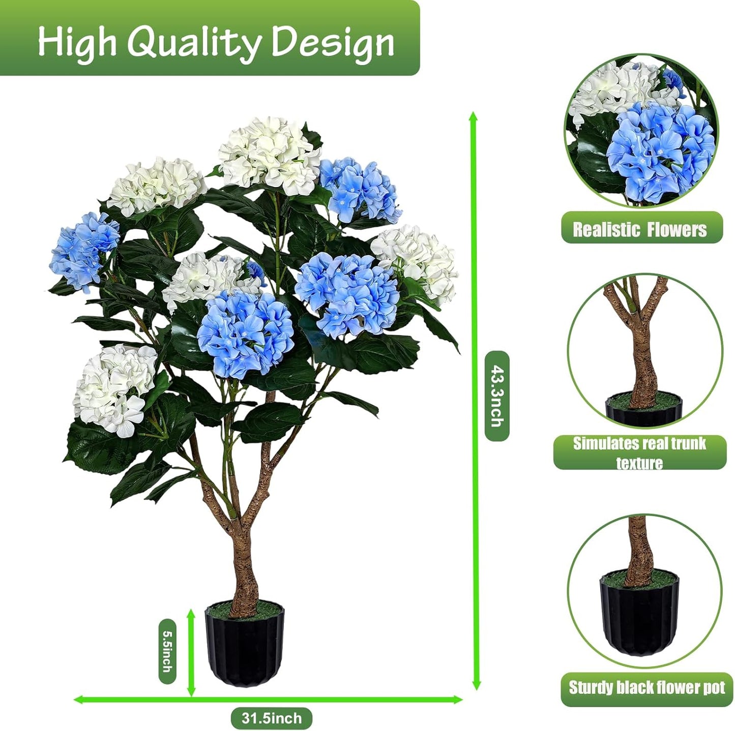 Potted Artificial Hydrangea Tree Outdoor Indoor,3.7FT Tall Hydrangea Faux Flowers Tree Hydrangeas Bushes Topiary Plant Realistic in Pot with Natural Wood Trunk for Garden Room Porch Front Door