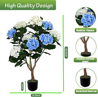 Potted Artificial Hydrangea Tree Outdoor Indoor,3.7FT Tall Hydrangea Faux Flowers Tree Hydrangeas Bushes Topiary Plant Realistic in Pot with Natural Wood Trunk for Garden Room Porch Front Door