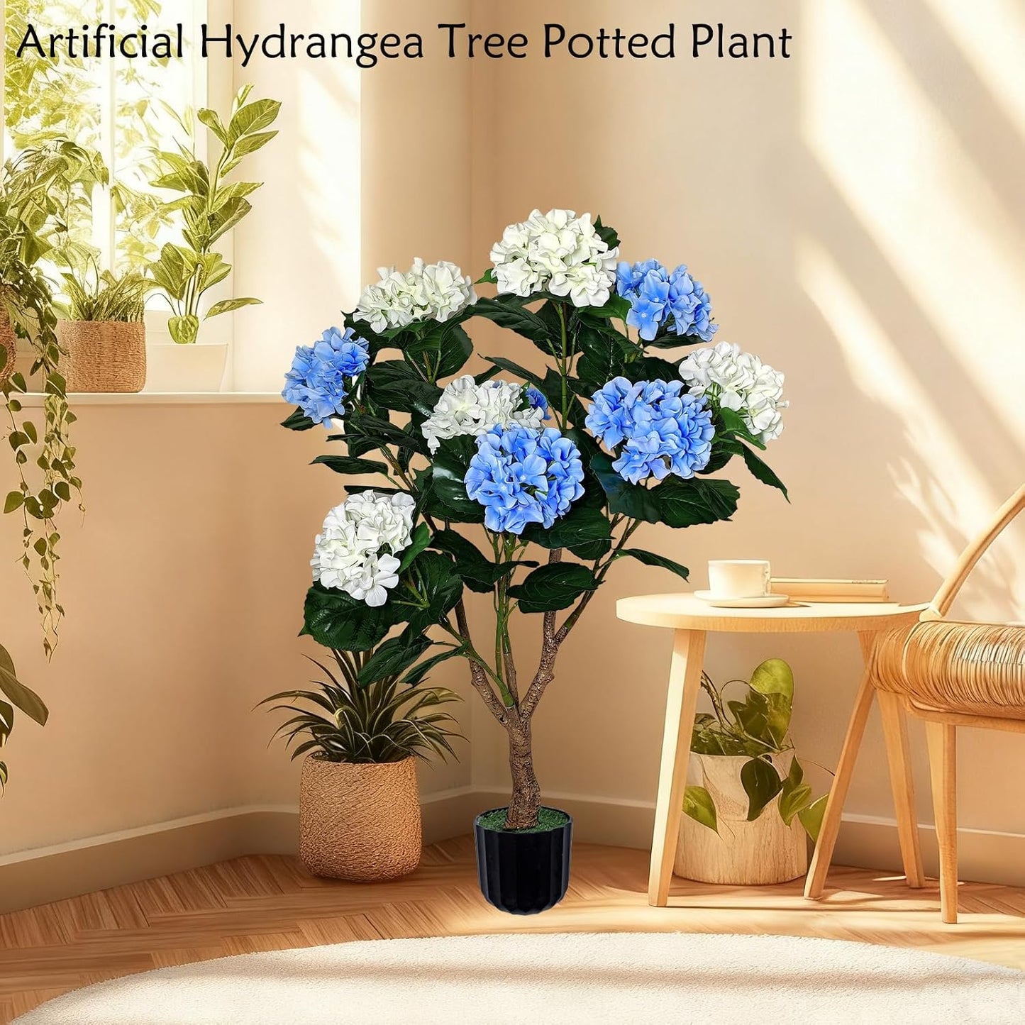 Potted Artificial Hydrangea Tree Outdoor Indoor,3.7FT Tall Hydrangea Faux Flowers Tree Hydrangeas Bushes Topiary Plant Realistic in Pot with Natural Wood Trunk for Garden Room Porch Front Door