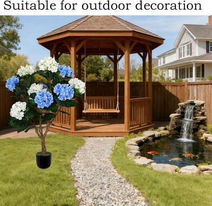 Potted Artificial Hydrangea Tree Outdoor Indoor,3.7FT Tall Hydrangea Faux Flowers Tree Hydrangeas Bushes Topiary Plant Realistic in Pot with Natural Wood Trunk for Garden Room Porch Front Door
