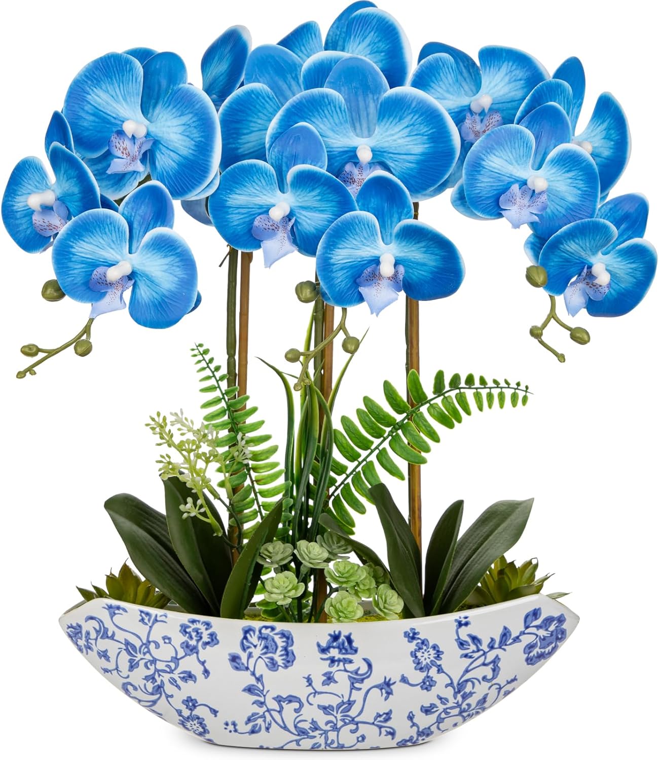 Orchid Artificial Flowers 18in White Fake Orchid Silk Flowers with Ceramic Pot Faux Orchid Arrangement for Home Office Room Coffee Table Centerpiece Modern Decoration