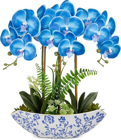 Orchid Artificial Flowers 18in White Fake Orchid Silk Flowers with Ceramic Pot Faux Orchid Arrangement for Home Office Room Coffee Table Centerpiece Modern Decoration