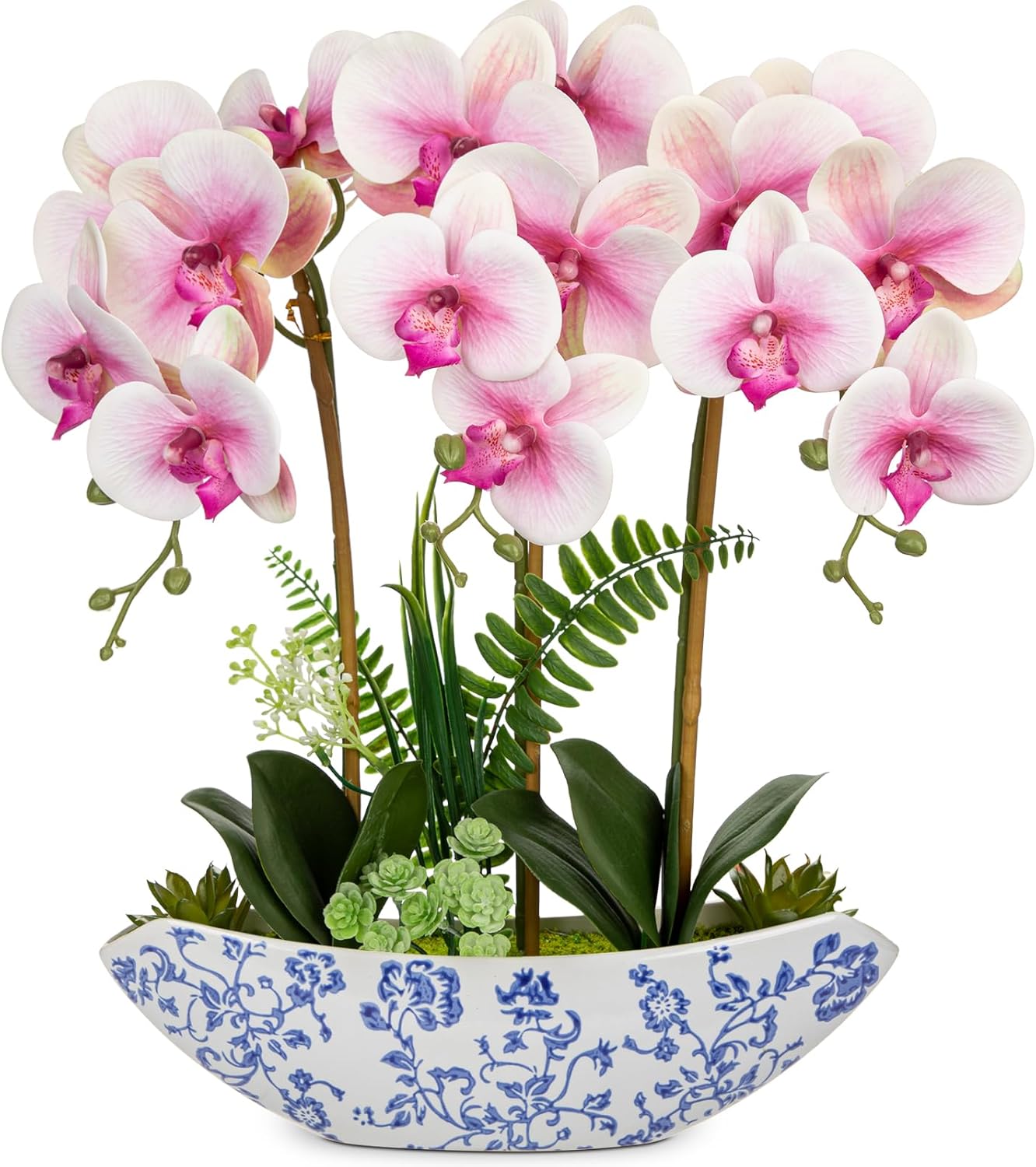 Orchid Artificial Flowers 18in White Fake Orchid Silk Flowers with Ceramic Pot Faux Orchid Arrangement for Home Office Room Coffee Table Centerpiece Modern Decoration