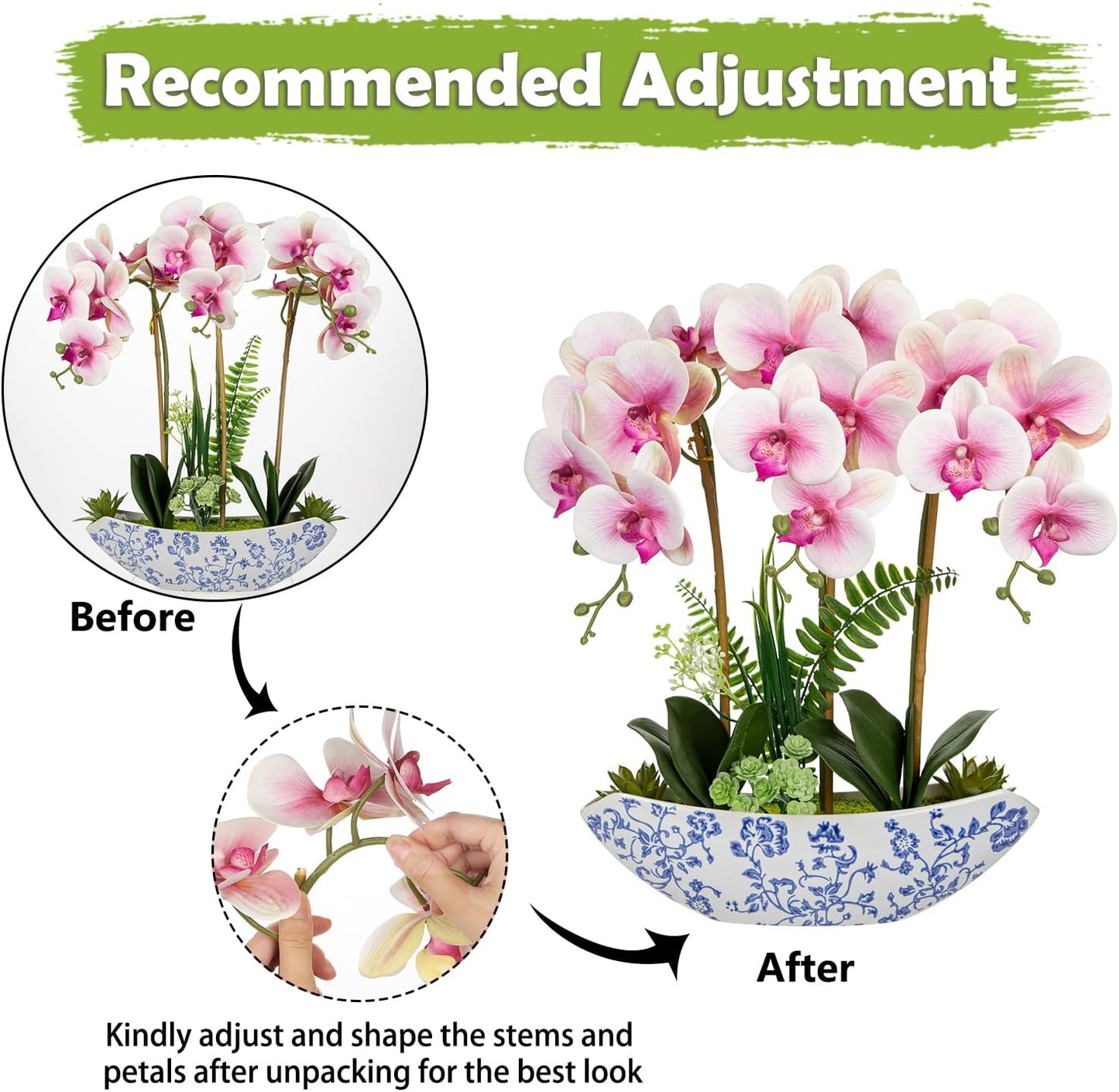 Orchid Artificial Flowers 18in White Fake Orchid Silk Flowers with Ceramic Pot Faux Orchid Arrangement for Home Office Room Coffee Table Centerpiece Modern Decoration