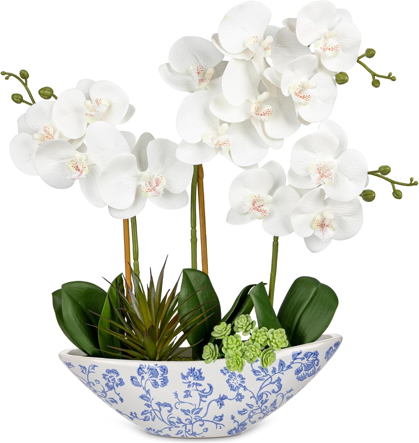 Orchid Artificial Flowers 18in White Fake Orchid Silk Flowers with Ceramic Pot Faux Orchid Arrangement for Home Office Room Coffee Table Centerpiece Modern Decoration