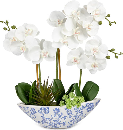Orchid Artificial Flowers 18in White Fake Orchid Silk Flowers with Ceramic Pot Faux Orchid Arrangement for Home Office Room Coffee Table Centerpiece Modern Decoration