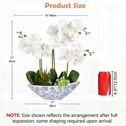 Orchid Artificial Flowers 18in White Fake Orchid Silk Flowers with Ceramic Pot Faux Orchid Arrangement for Home Office Room Coffee Table Centerpiece Modern Decoration