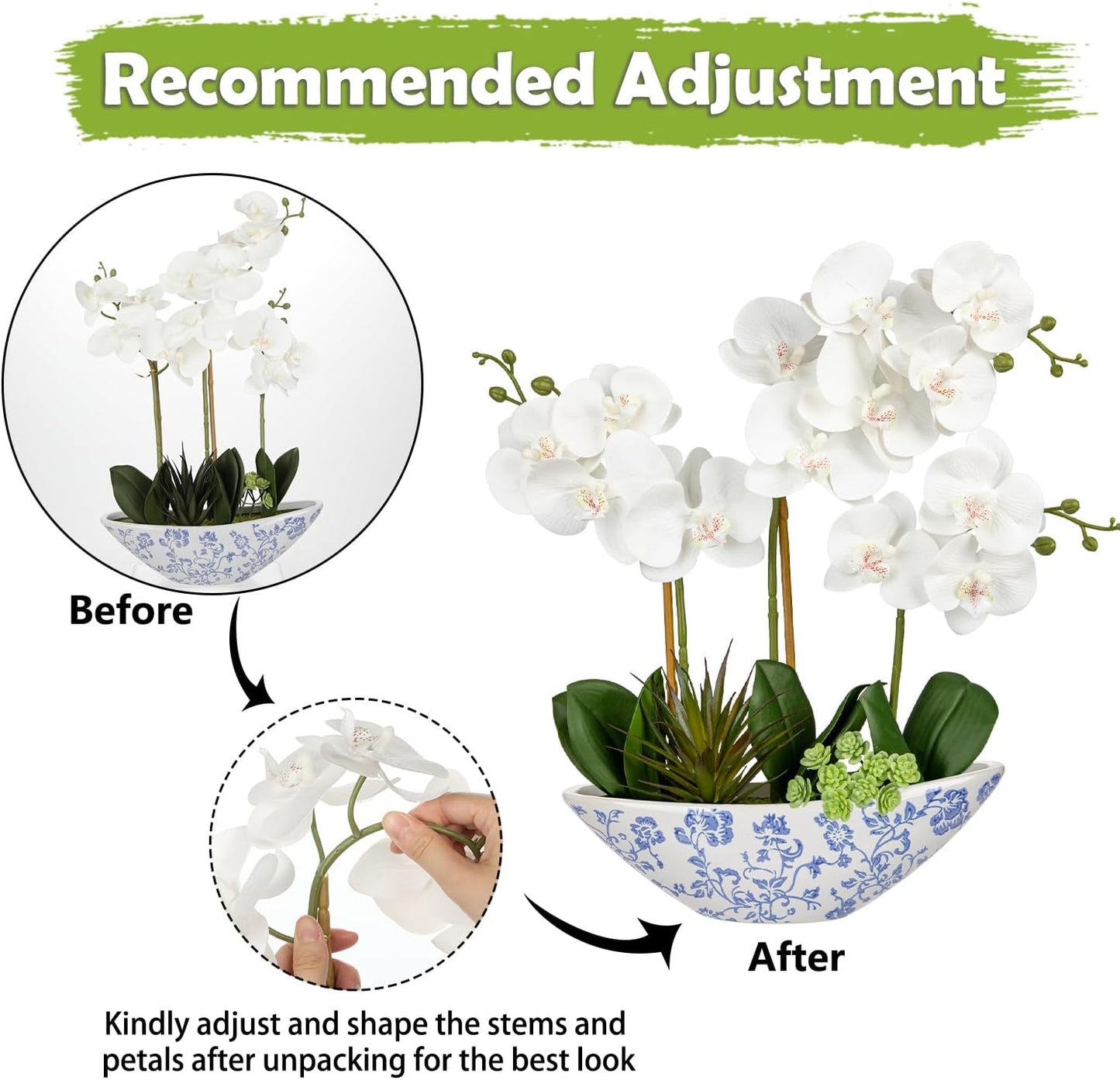 Orchid Artificial Flowers 18in White Fake Orchid Silk Flowers with Ceramic Pot Faux Orchid Arrangement for Home Office Room Coffee Table Centerpiece Modern Decoration