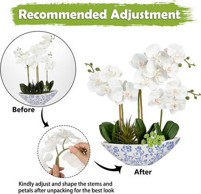 Orchid Artificial Flowers 18in White Fake Orchid Silk Flowers with Ceramic Pot Faux Orchid Arrangement for Home Office Room Coffee Table Centerpiece Modern Decoration