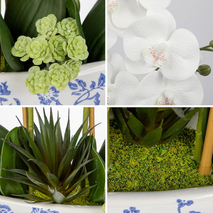 Orchid Artificial Flowers 18in White Fake Orchid Silk Flowers with Ceramic Pot Faux Orchid Arrangement for Home Office Room Coffee Table Centerpiece Modern Decoration