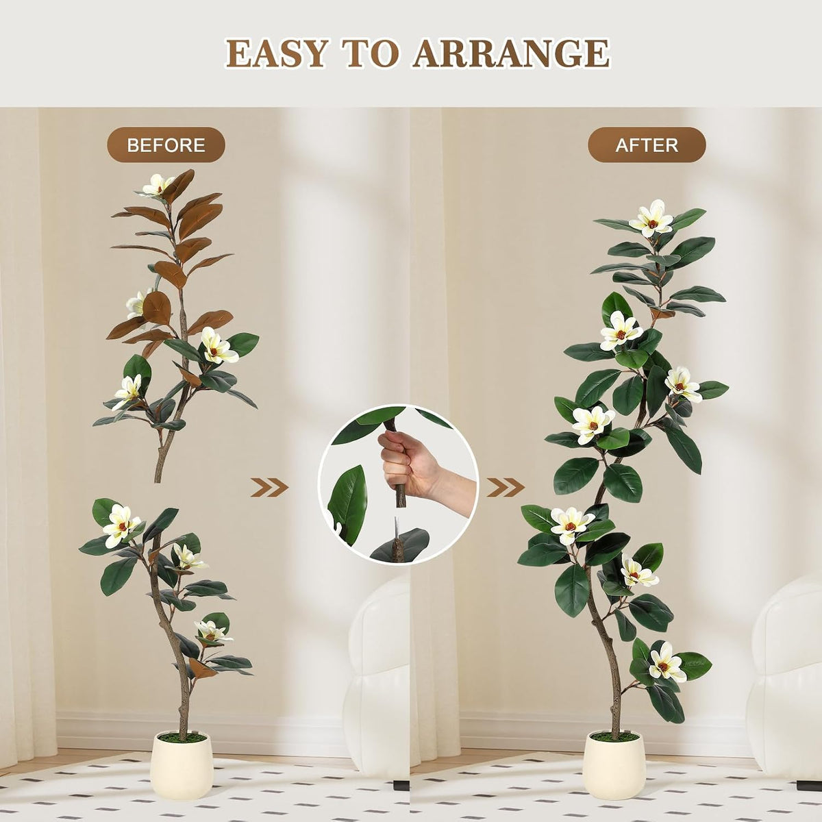 6ft Artificial Magnolia Tree, Faux Rubber Plant Floor Plant in White Planter, with 7 Pcs Magnolia Flowers for Home Decor for Home Office Living Room Decor