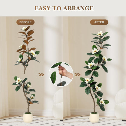 6ft Artificial Magnolia Tree, Faux Rubber Plant Floor Plant in White Planter, with 7 Pcs Magnolia Flowers for Home Decor for Home Office Living Room Decor