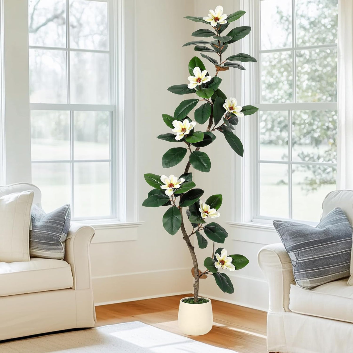 6ft Artificial Magnolia Tree, Faux Rubber Plant Floor Plant in White Planter, with 7 Pcs Magnolia Flowers for Home Decor for Home Office Living Room Decor