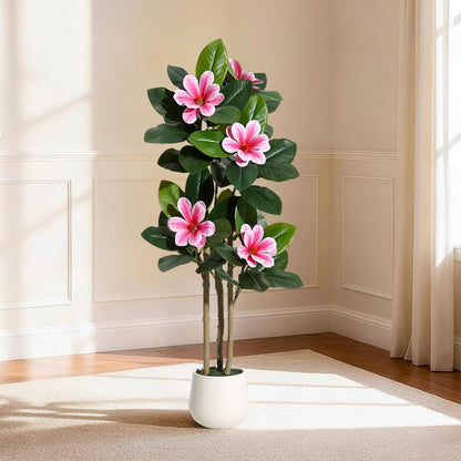 6ft Artificial Magnolia Tree, Faux Rubber Plant Floor Plant in White Planter, with 7 Pcs Magnolia Flowers for Home Decor for Home Office Living Room Decor