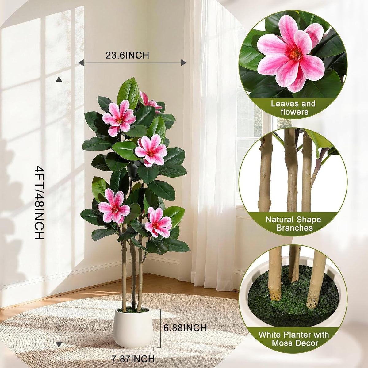 6ft Artificial Magnolia Tree, Faux Rubber Plant Floor Plant in White Planter, with 7 Pcs Magnolia Flowers for Home Decor for Home Office Living Room Decor