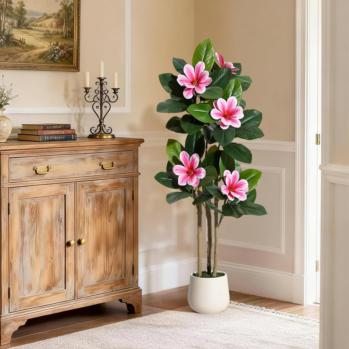6ft Artificial Magnolia Tree, Faux Rubber Plant Floor Plant in White Planter, with 7 Pcs Magnolia Flowers for Home Decor for Home Office Living Room Decor