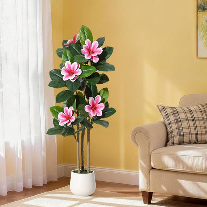 6ft Artificial Magnolia Tree, Faux Rubber Plant Floor Plant in White Planter, with 7 Pcs Magnolia Flowers for Home Decor for Home Office Living Room Decor
