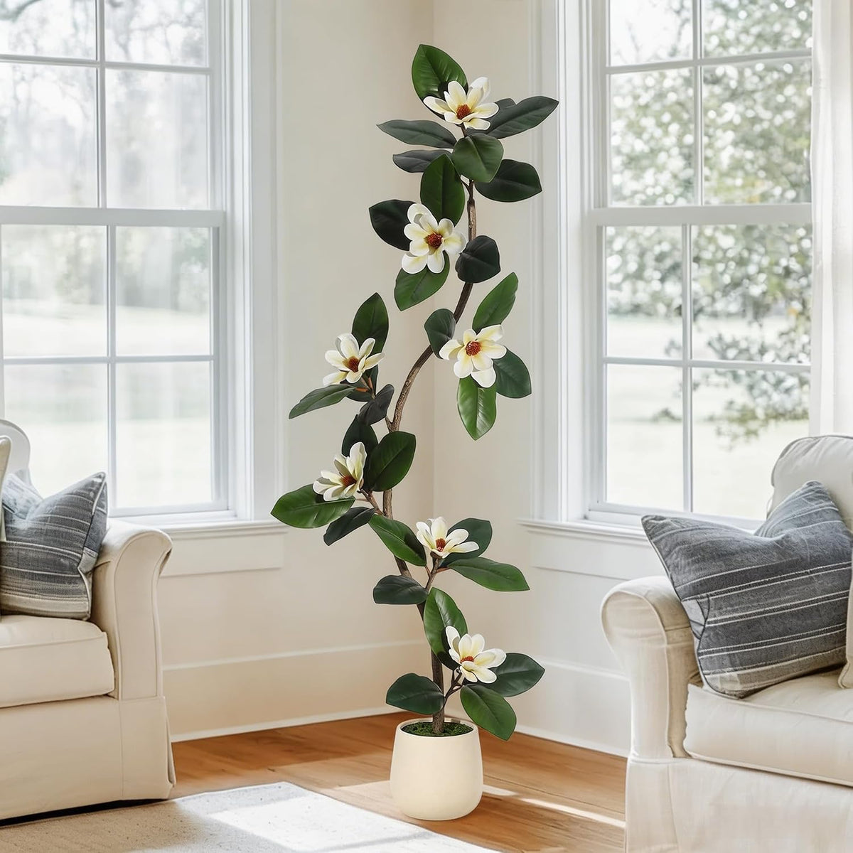 6ft Artificial Magnolia Tree, Faux Rubber Plant Floor Plant in White Planter, with 7 Pcs Magnolia Flowers for Home Decor for Home Office Living Room Decor