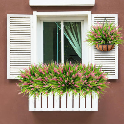 12 Bundles Artificial Plants Outdoor Faux Lavender Flowers Fake Monkey Grass UV Resistant Plastic Greenery Plants for Garden Home Porch Window Patio Hanging Planter Indoor Decor (Purple)