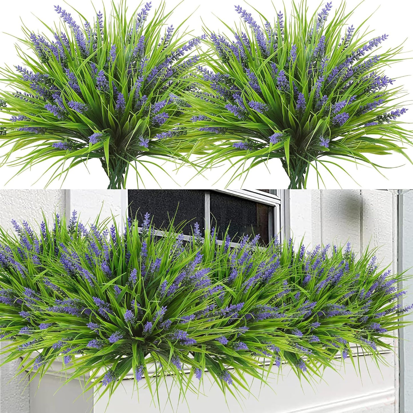 12 Bundles Artificial Plants Outdoor Faux Lavender Flowers Fake Monkey Grass UV Resistant Plastic Greenery Plants for Garden Home Porch Window Patio Hanging Planter Indoor Decor (Purple)