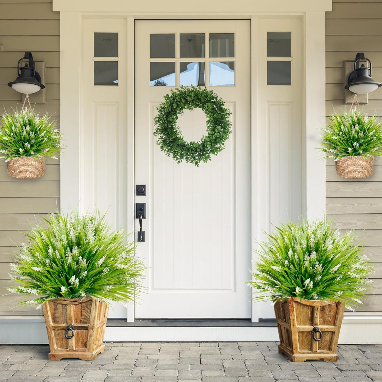 12 Bundles Artificial Plants Outdoor Faux Lavender Flowers Fake Monkey Grass UV Resistant Plastic Greenery Plants for Garden Home Porch Window Patio Hanging Planter Indoor Decor (Purple)