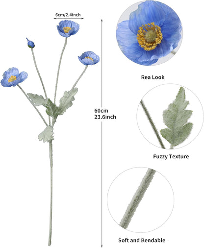 Artificial Poppies Flowers 6 Stems, Lifelike Silk Fake Flowers with Buds for Spring Wedding, Dining Table, Home and Office Decoration(Orange Red)