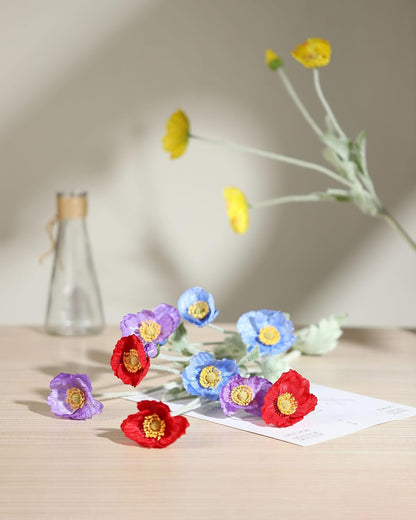 Artificial Poppies Flowers 6 Stems, Lifelike Silk Fake Flowers with Buds for Spring Wedding, Dining Table, Home and Office Decoration(Orange Red)