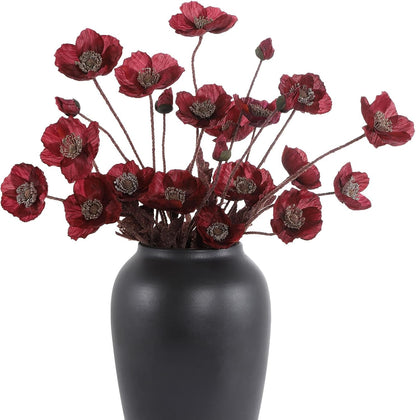 Artificial Poppies Flowers 6 Stems, Lifelike Silk Fake Flowers with Buds for Spring Wedding, Dining Table, Home and Office Decoration(Orange Red)
