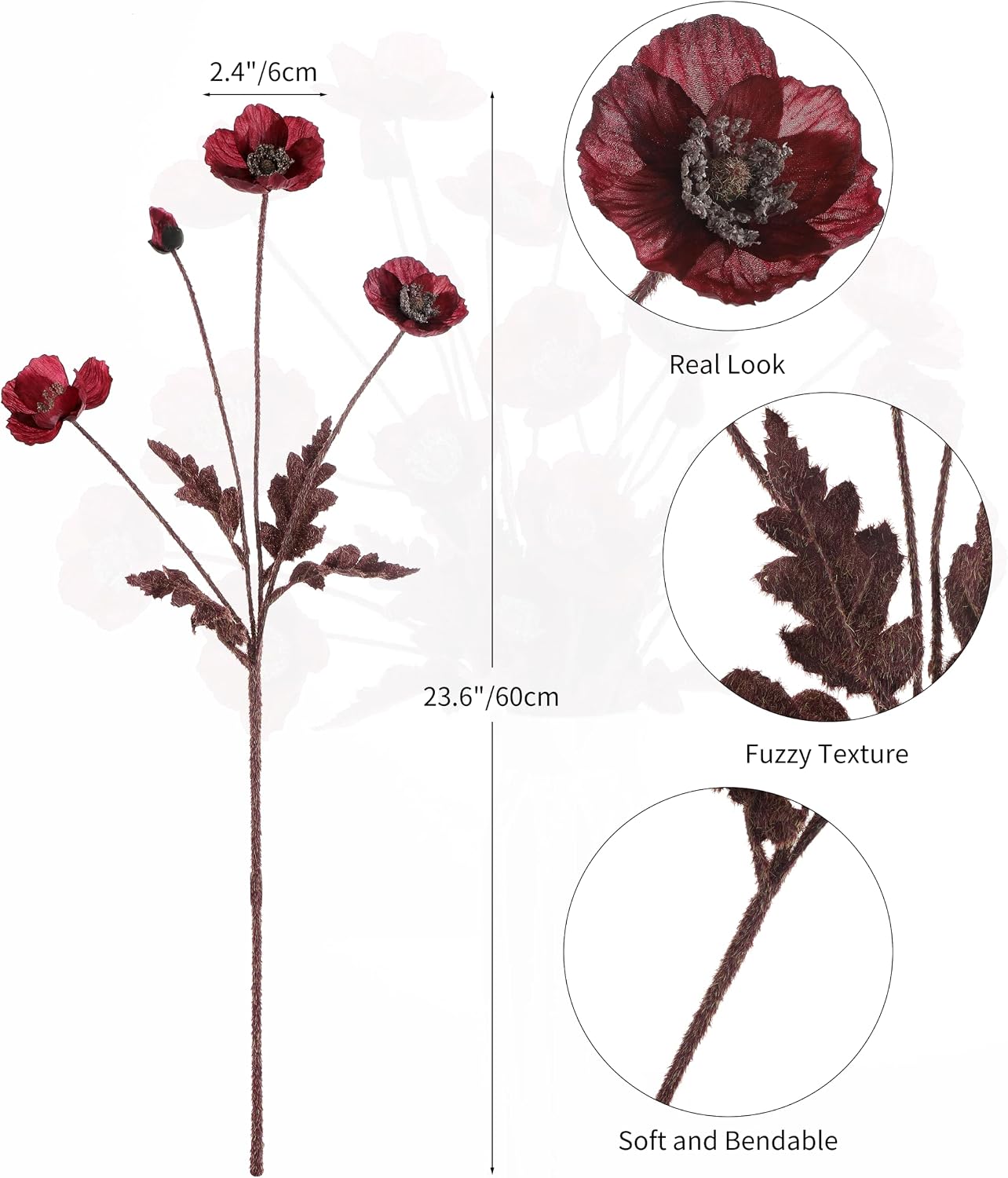 Artificial Poppies Flowers 6 Stems, Lifelike Silk Fake Flowers with Buds for Spring Wedding, Dining Table, Home and Office Decoration(Orange Red)