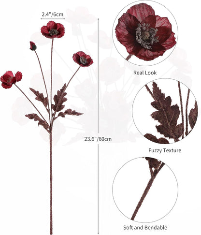 Artificial Poppies Flowers 6 Stems, Lifelike Silk Fake Flowers with Buds for Spring Wedding, Dining Table, Home and Office Decoration(Orange Red)