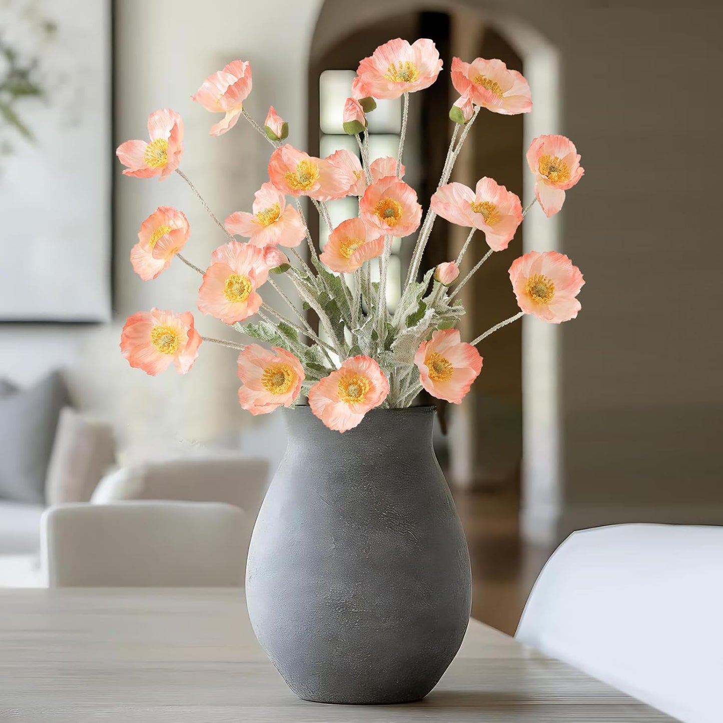 Artificial Poppies Flowers 6 Stems, Lifelike Silk Fake Flowers with Buds for Spring Wedding, Dining Table, Home and Office Decoration(Orange Red)