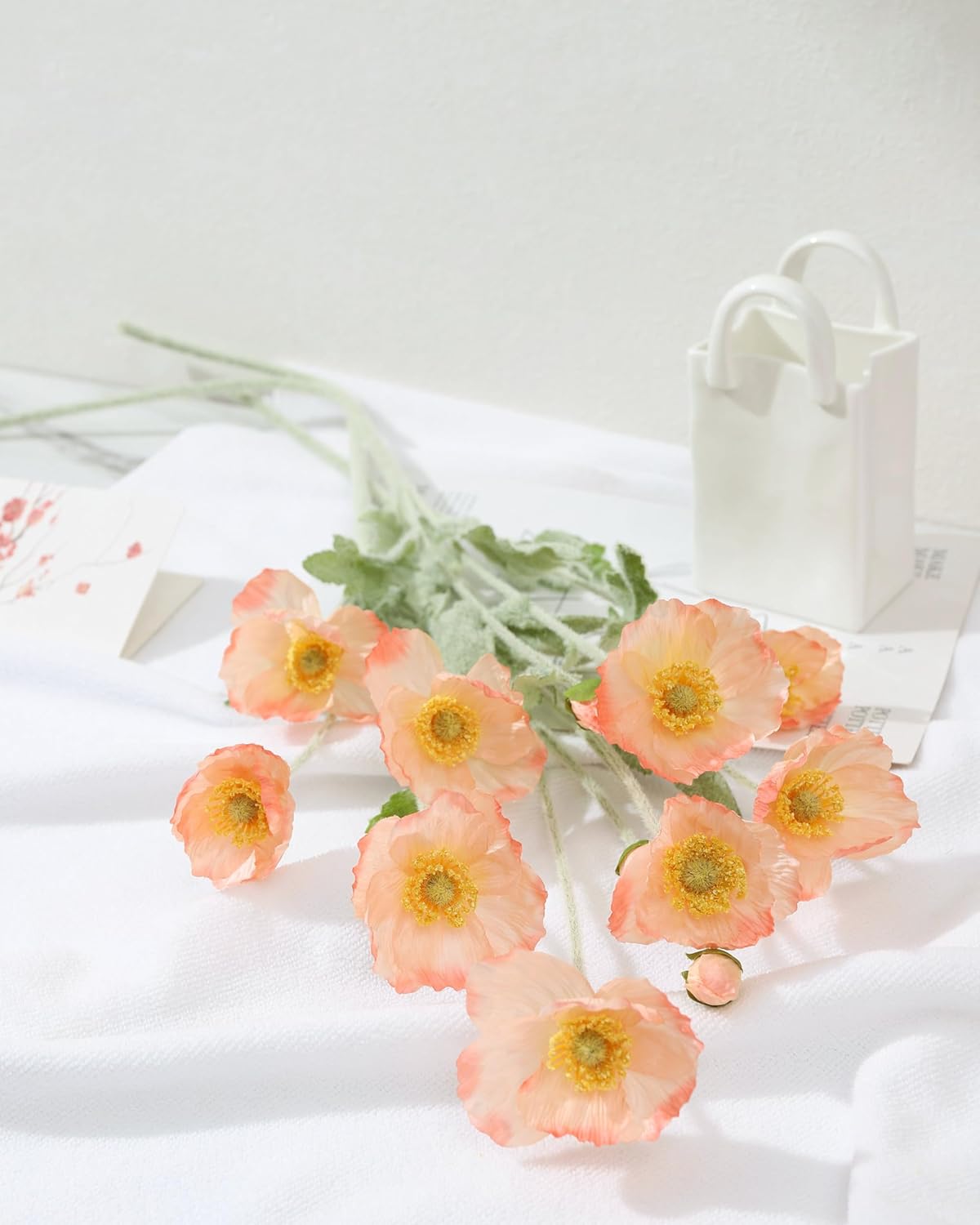 Artificial Poppies Flowers 6 Stems, Lifelike Silk Fake Flowers with Buds for Spring Wedding, Dining Table, Home and Office Decoration(Orange Red)