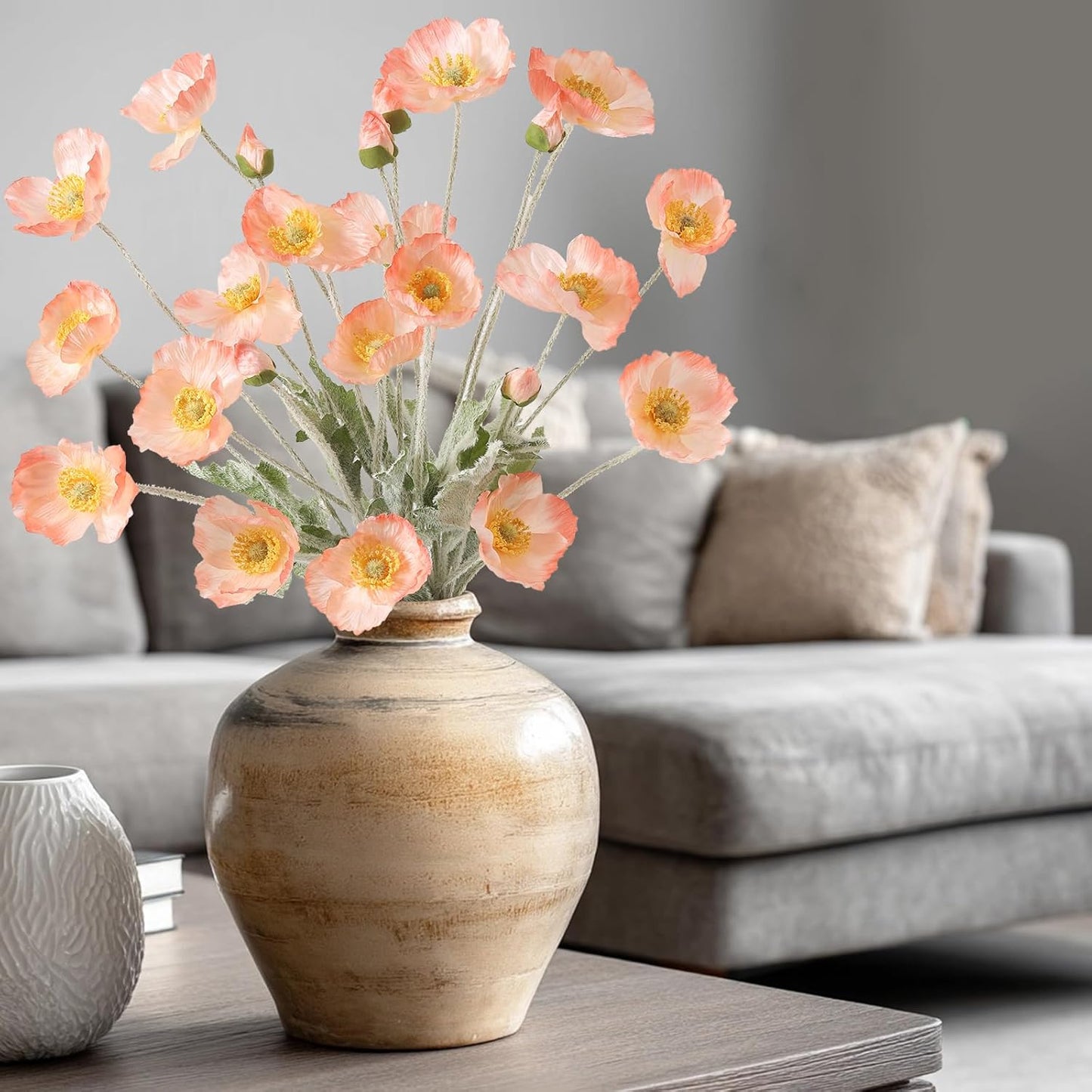 Artificial Poppies Flowers 6 Stems, Lifelike Silk Fake Flowers with Buds for Spring Wedding, Dining Table, Home and Office Decoration(Orange Red)