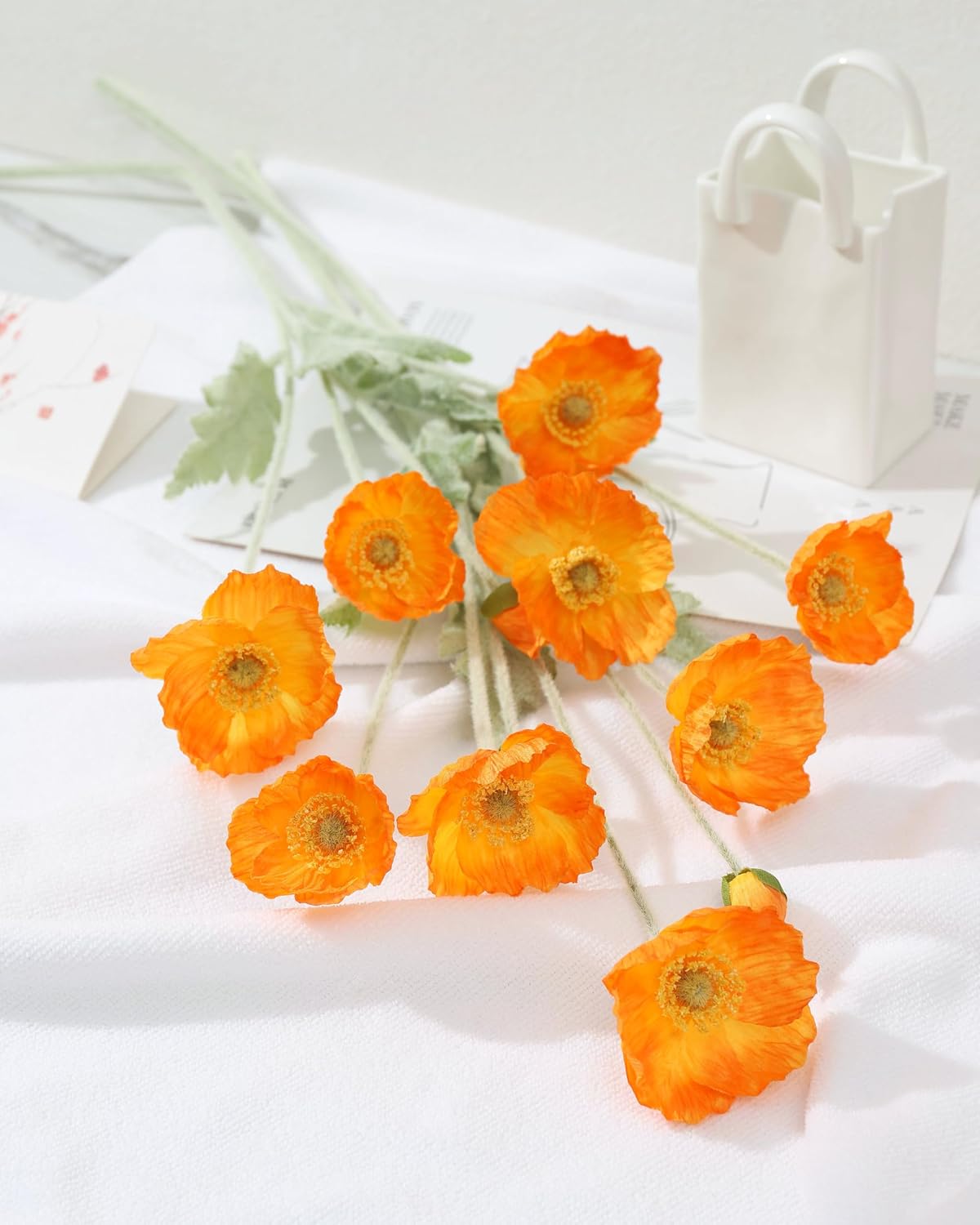 Artificial Poppies Flowers 6 Stems, Lifelike Silk Fake Flowers with Buds for Spring Wedding, Dining Table, Home and Office Decoration(Orange Red)