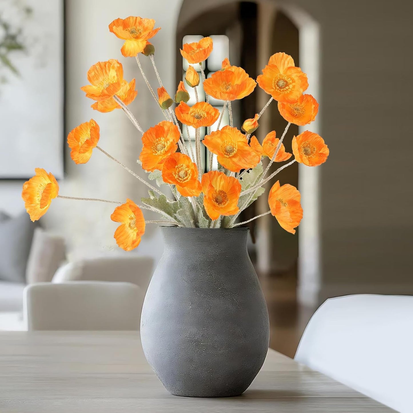 Artificial Poppies Flowers 6 Stems, Lifelike Silk Fake Flowers with Buds for Spring Wedding, Dining Table, Home and Office Decoration(Orange Red)