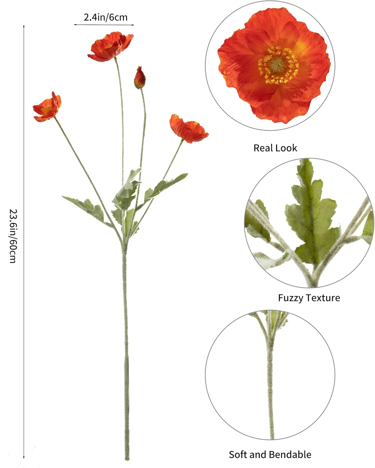 Artificial Poppies Flowers 6 Stems, Lifelike Silk Fake Flowers with Buds for Spring Wedding, Dining Table, Home and Office Decoration(Orange Red)