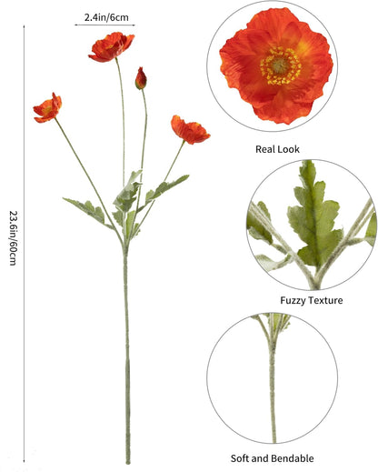 Artificial Poppies Flowers 6 Stems, Lifelike Silk Fake Flowers with Buds for Spring Wedding, Dining Table, Home and Office Decoration(Orange Red)