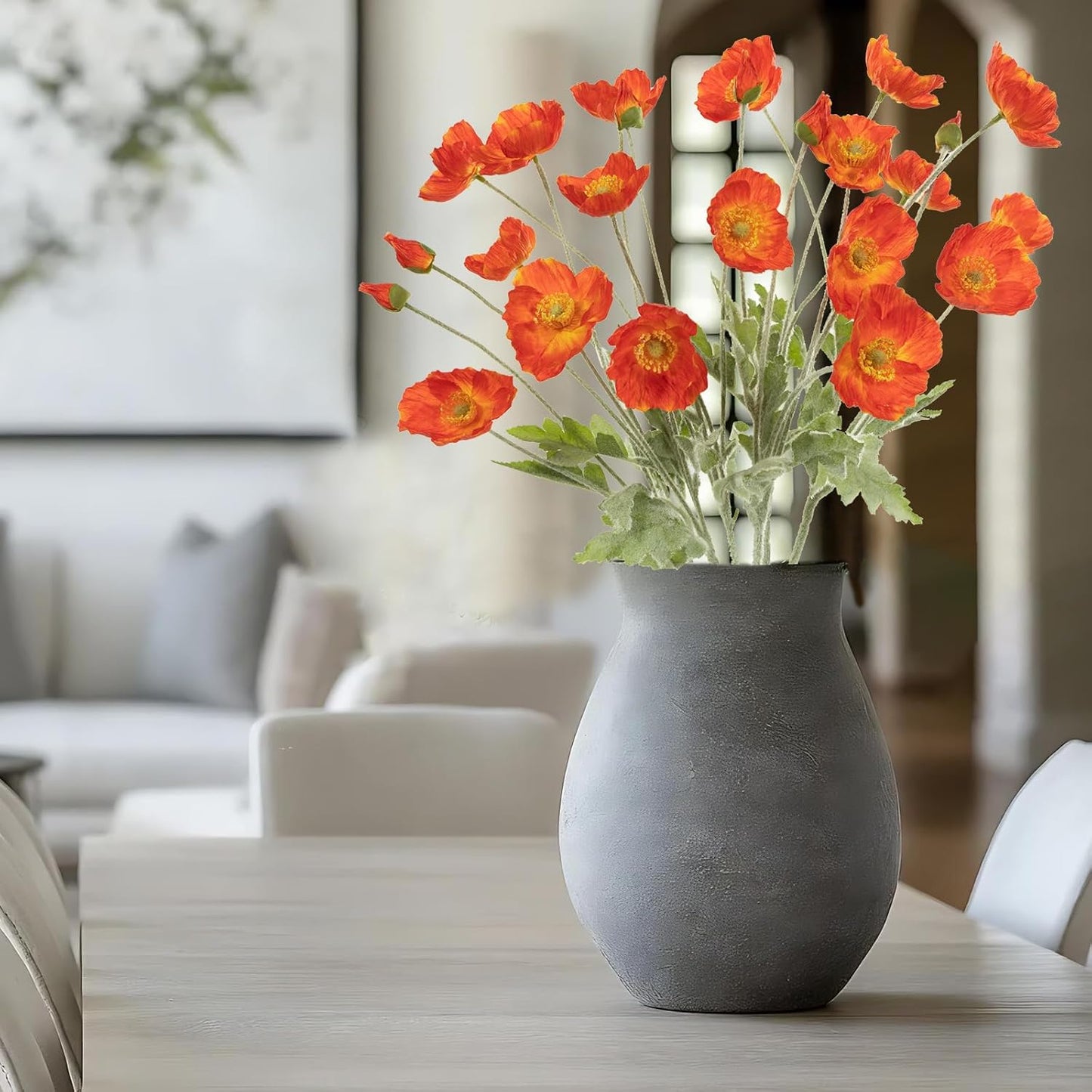 Artificial Poppies Flowers 6 Stems, Lifelike Silk Fake Flowers with Buds for Spring Wedding, Dining Table, Home and Office Decoration(Orange Red)