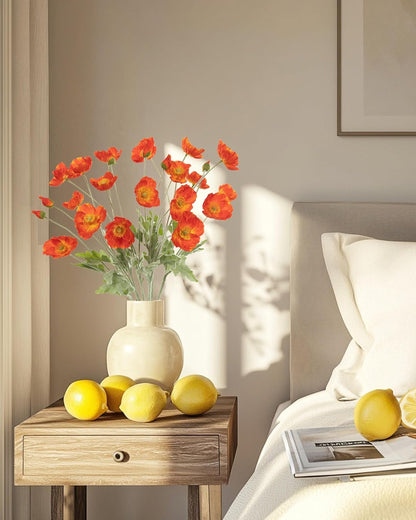 Artificial Poppies Flowers 6 Stems, Lifelike Silk Fake Flowers with Buds for Spring Wedding, Dining Table, Home and Office Decoration(Orange Red)